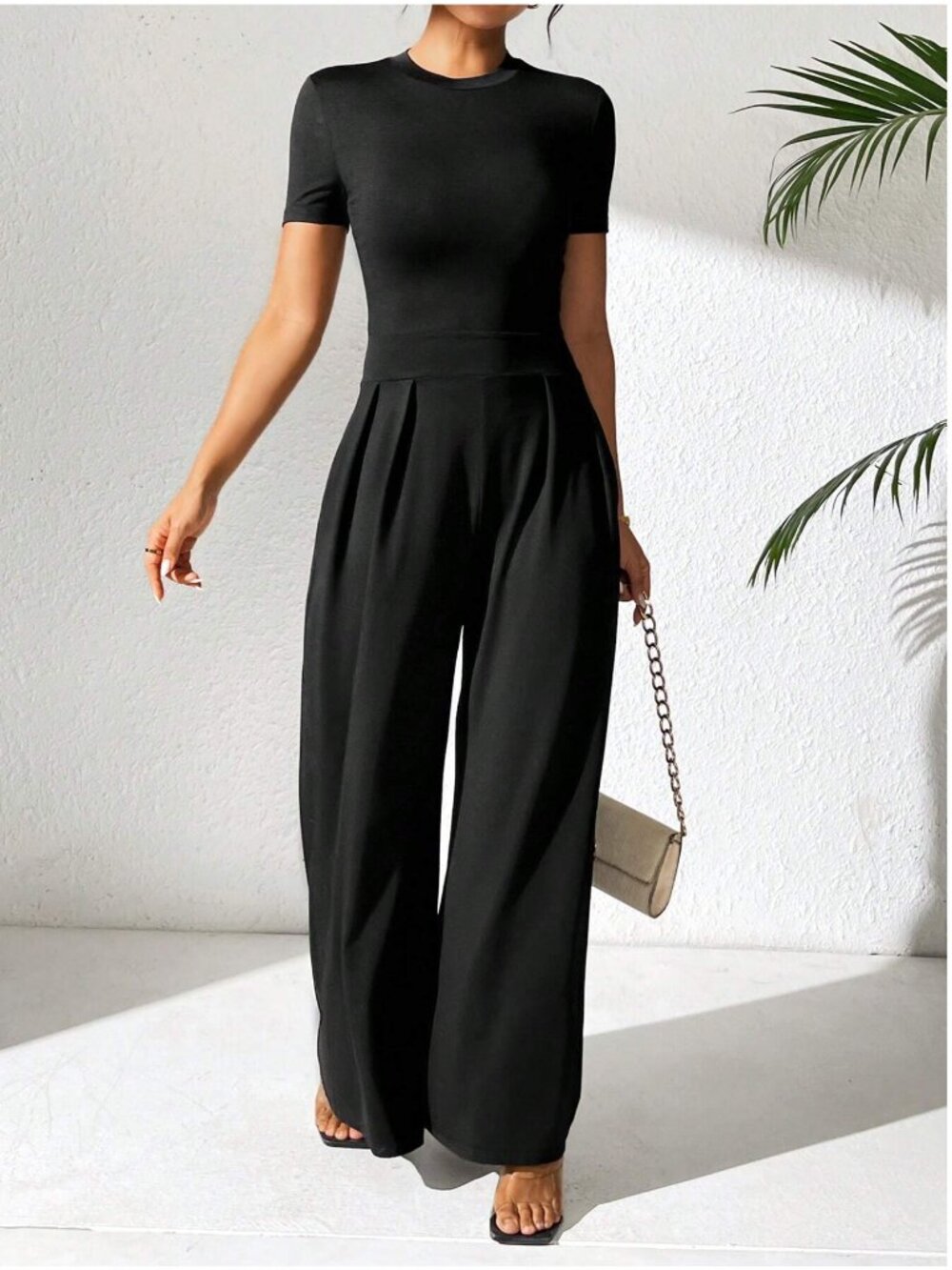 Petite Black Short Sleeve Wide Leg Jumpsuit Pockets Size Large - Picture 7 of 7